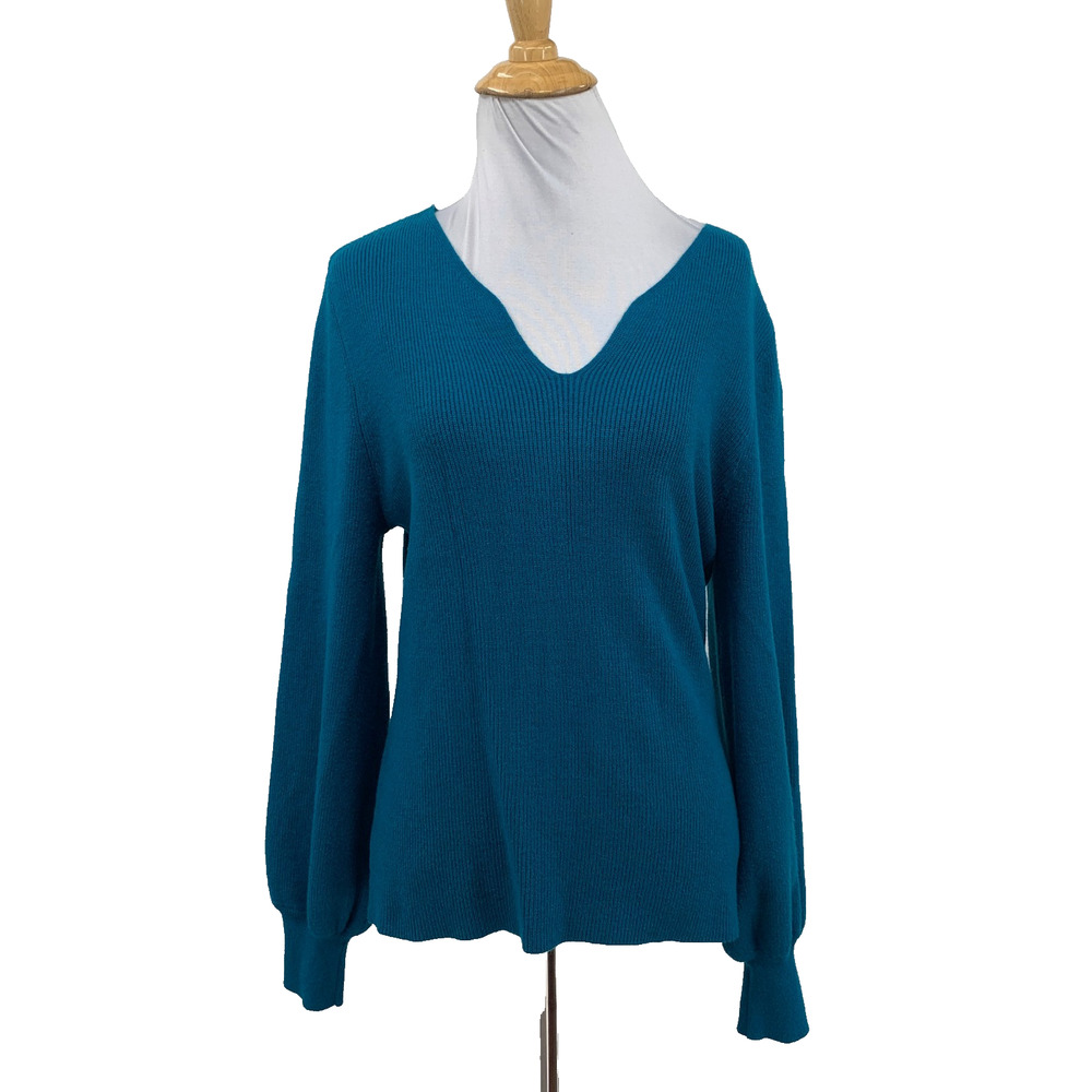 Soft Surroundings Sweater Womens PM Petite Dark Teal V Neck Ribbed Knit Jumper